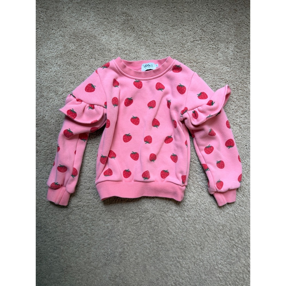Lola + The Boys Girls Pink Strawberry Print Ruffle Shoulder Sweatshirt Size 4